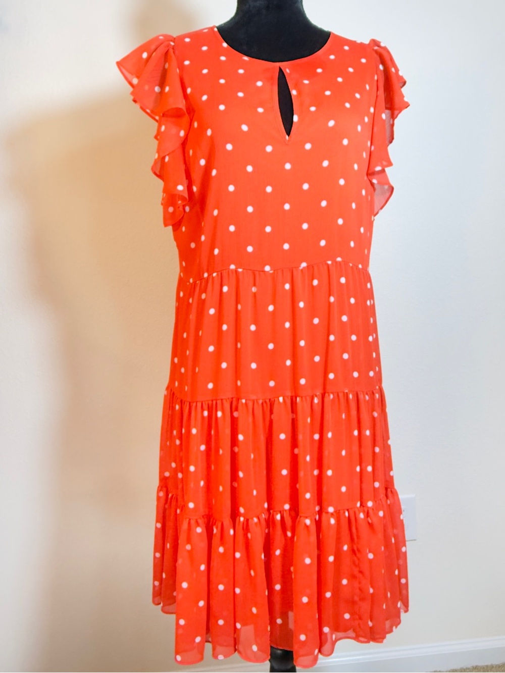 Tommy Hilfiger Orange Polka Dot Tiered Ruffle Women Dress Size Reg. 10